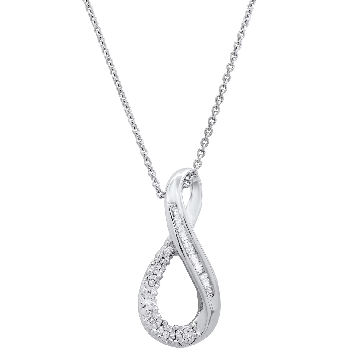 14K White Gold Diamond Twisted Infinity Pendant with 18 Inch Silver Chain T7417
